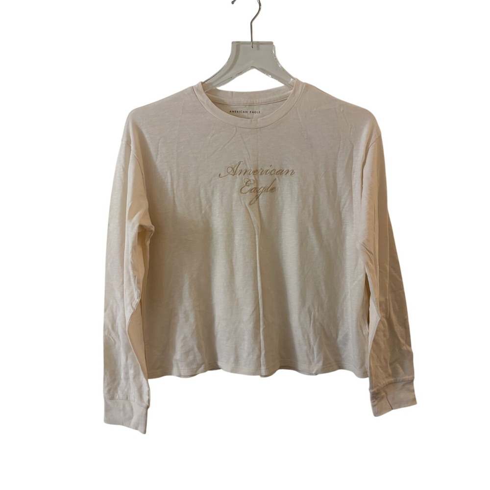 American Eagle Womens XS Cream Long Sleeve Tonal Script Logo Cotton Slub Tee NWT
